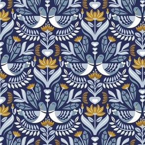 Small scale // Maximalist folk pigeons // lucky point navy blue background pastel and bali hai blue pigeons and foliage mustard yellow flowers