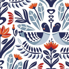 Large jumbo scale // Maximalist folk pigeons // white background pastel and bali hai blue pigeons and foliage chiliean fire orange and poppy red flowers lucky point navy blue details