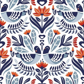 Normal scale // Maximalist folk pigeons // white background pastel and bali hai blue pigeons and foliage chiliean fire orange and poppy red flowers lucky point navy blue details