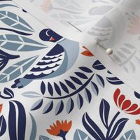 Small scale // Maximalist folk pigeons // white background pastel and bali hai blue pigeons and foliage chiliean fire orange and poppy red flowers lucky point navy blue details