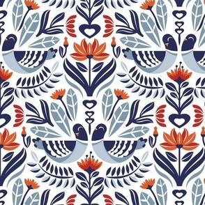 Small scale // Maximalist folk pigeons // white background pastel and bali hai blue pigeons and foliage chiliean fire orange and poppy red flowers lucky point navy blue details