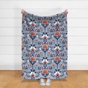 Large jumbo scale // Maximalist folk pigeons // pastel blue background bali hai blue pigeons and foliage chiliean fire orange and poppy red flowers lucky point navy blue details