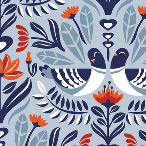 Large jumbo scale // Maximalist folk pigeons // pastel blue background bali hai blue pigeons and foliage chiliean fire orange and poppy red flowers lucky point navy blue details