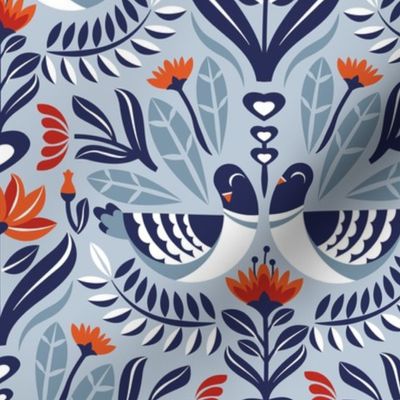 Normal scale // Maximalist folk pigeons // pastel blue background bali hai blue pigeons and foliage chiliean fire orange and poppy red flowers lucky point navy blue details