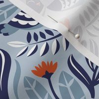 Normal scale // Maximalist folk pigeons // pastel blue background bali hai blue pigeons and foliage chiliean fire orange and poppy red flowers lucky point navy blue details