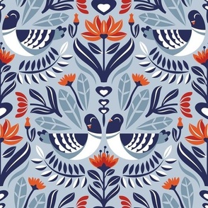 Normal scale // Maximalist folk pigeons // pastel blue background bali hai blue pigeons and foliage chiliean fire orange and poppy red flowers lucky point navy blue details