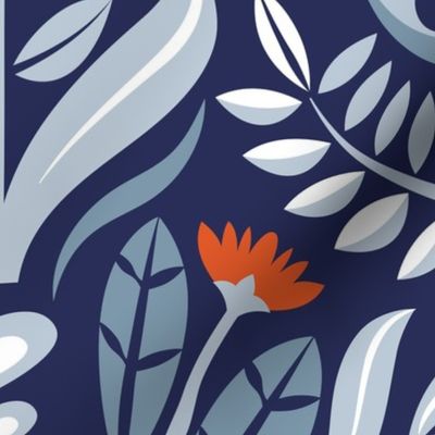 Large jumbo scale // Maximalist folk pigeons // lucky point navy blue background pastel and bali hai blue pigeons and foliage chiliean fire orange and poppy red flowers