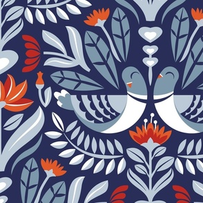 Large jumbo scale // Maximalist folk pigeons // lucky point navy blue background pastel and bali hai blue pigeons and foliage chiliean fire orange and poppy red flowers