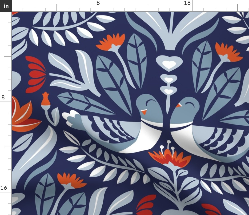 Large jumbo scale // Maximalist folk pigeons // lucky point navy blue background pastel and bali hai blue pigeons and foliage chiliean fire orange and poppy red flowers