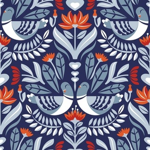Normal scale // Maximalist folk pigeons // lucky point navy blue background pastel and bali hai blue pigeons and foliage chiliean fire orange and poppy red flowers