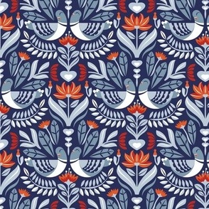Small scale // Maximalist folk pigeons // lucky point navy blue background pastel and bali hai blue pigeons and foliage chiliean fire orange and poppy red flowers