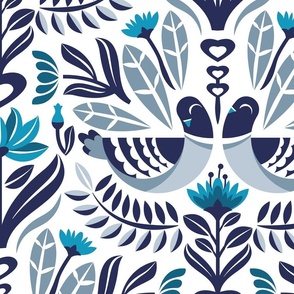Large jumbo scale // Maximalist folk pigeons // white background pastel and bali hai blue pigeons and foliage caribbean and peacock blue flowers lucky point navy blue details