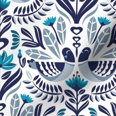 Normal scale // Maximalist folk pigeons // white background pastel and bali hai blue pigeons and foliage caribbean and peacock blue flowers lucky point navy blue details