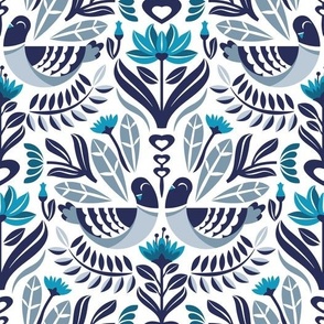Normal scale // Maximalist folk pigeons // white background pastel and bali hai blue pigeons and foliage caribbean and peacock blue flowers lucky point navy blue details