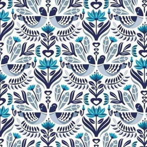 Small scale // Maximalist folk pigeons // white background pastel and bali hai blue pigeons and foliage caribbean and peacock blue flowers lucky point navy blue details