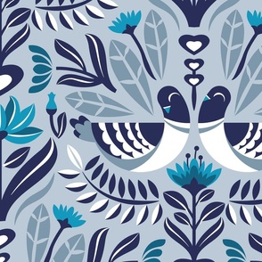 Large jumbo scale // Maximalist folk pigeons // pastel blue background bali hai blue pigeons and foliage caribbean and peacock blue flowers lucky point navy blue details