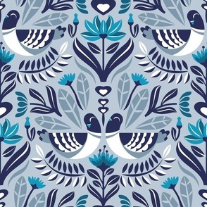 Normal scale // Maximalist folk pigeons // pastel blue background bali hai blue pigeons and foliage caribbean and peacock blue flowers lucky point navy blue details