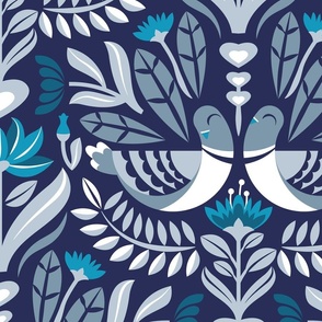 Large jumbo scale // Maximalist folk pigeons // lucky point navy blue background pastel and bali hai blue pigeons and foliage caribbean and peacock blue flowers 
