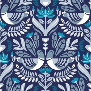 Normal scale // Maximalist folk pigeons // lucky point navy blue background pastel and bali hai blue pigeons and foliage caribbean and peacock blue flowers 