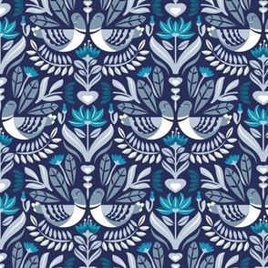 Small scale // Maximalist folk pigeons // lucky point navy blue background pastel and bali hai blue pigeons and foliage caribbean and peacock blue flowers 