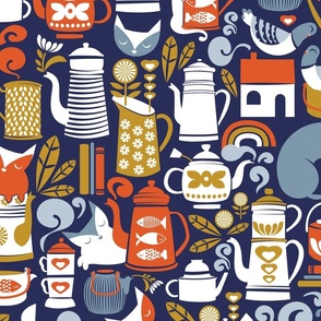 Large jumbo scale // Folk happy place // lucky point navy blue background pastel and bali hai blue mustard yellow and chiliean fire orange kitchen tableware coffee and tea pots and mugs cats pigeons dogs books and rainbows