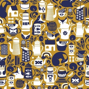 Normal scale // Folk happy place // mustard yellow background lucky point navy and white kitchen tableware coffee and tea pots and mugs cats pigeons dogs books and rainbows