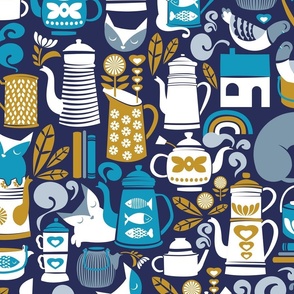 Large jumbo scale // Folk happy place // lucky point navy blue background pastel caribbean and bali hai blue and mustard yellow kitchen tableware coffee and tea pots and mugs cats pigeons dogs books and rainbows