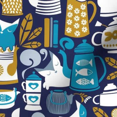 Normal scale // Folk happy place // lucky point navy blue background pastel caribbean and bali hai blue and mustard yellow kitchen tableware coffee and tea pots and mugs cats pigeons dogs books and rainbows