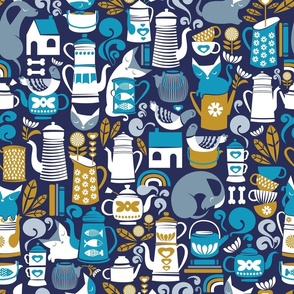 Normal scale // Folk happy place // lucky point navy blue background pastel caribbean and bali hai blue and mustard yellow kitchen tableware coffee and tea pots and mugs cats pigeons dogs books and rainbows