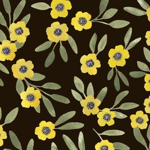 Boho floral - yellow on brownish black - large