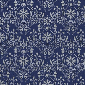 Blue damask with silver grey flowers - medium scale