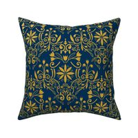 Dark blue damask with yellow flowers - medium scale