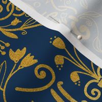 Dark blue damask with yellow flowers - medium scale