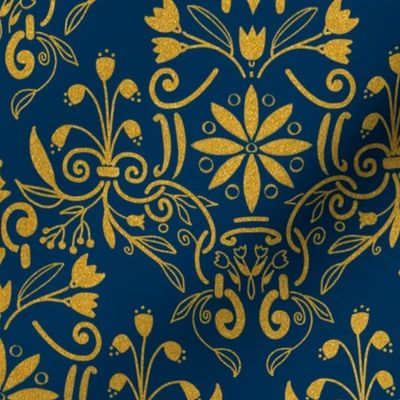 Dark blue damask with yellow flowers - medium scale