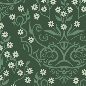dark green damask with lighter flowers - large scale