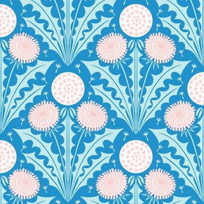 Dandelion Diamond block print blue pink XL wallpaper scale by Pippa Shaw
