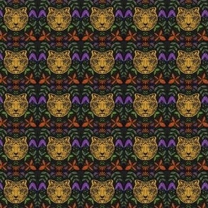 Maximalist Bold Golden Tigers and Colorful Leaves in purple, green and orange