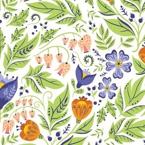 Whimsical Spring Folk Floral on White Background