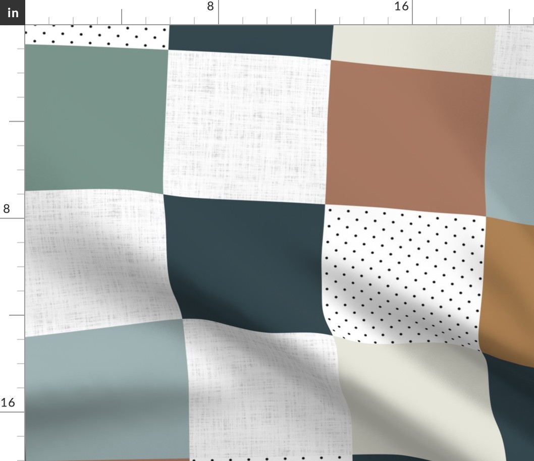 6" patchwork wholecloth: juniper teal, aegean green, marina blue, adobe red, teak gold, bisque beige