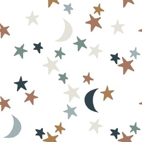 stars and moons: juniper teal, aegean green, marina blue, adobe red, teak gold, bisque beige