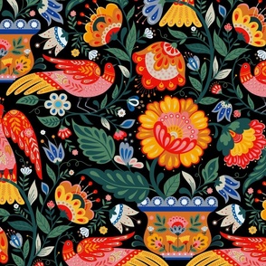 Large // Maximalist folk art birds on black