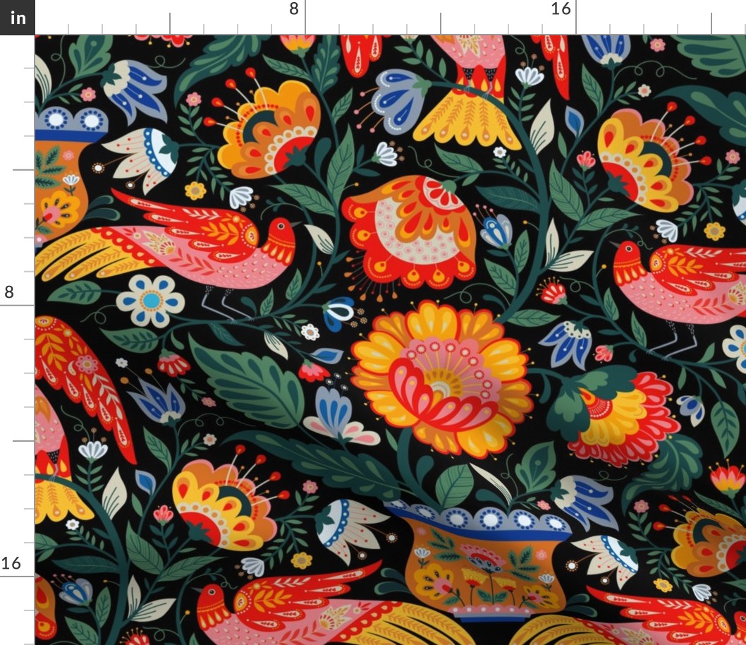 Large // Maximalist folk art birds on black