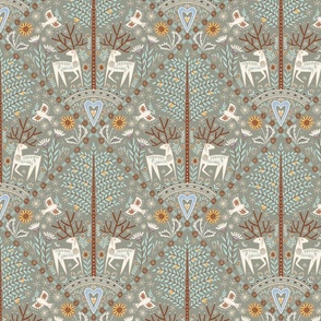 S- Peaceful forest - folk art inspired -without texture in the background -  small scale /10.5" fabric / 6" wallpaper