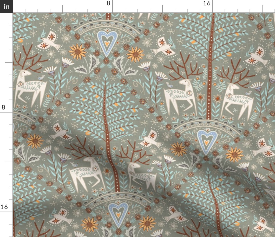 M- Peaceful forest- folk art inspired maximalist wallpaper -medium scale /15" fabric/ 12"wallpaper