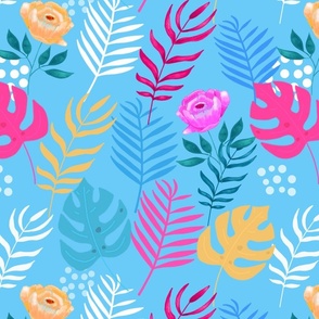Tropical, Botanical Floral Blue Monstera and Palm Leaves 