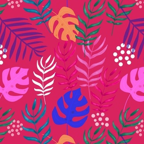 Tropical, Botanical Floral Bold Purple Monstera and Palm Leaves 