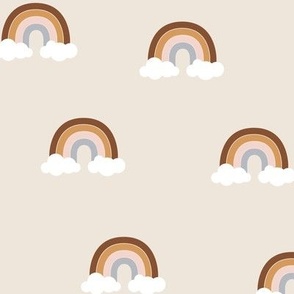 Retro style rainbows and clouds dreamy sky seventies vintage neutral palette on beige sand 