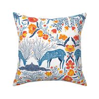 Maximalist folk Hungarian inspiered Deer and Dove Floral Colorful on white L