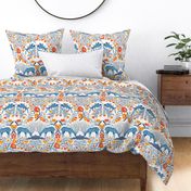 Maximalist folk Hungarian inspiered Deer and Dove Floral Colorful on white L