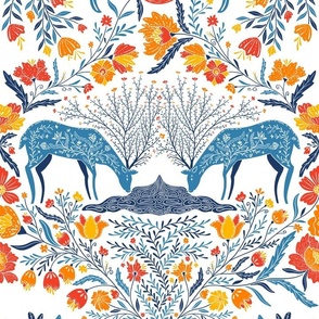 Maximalist folk Hungarian inspiered Deer and Dove Floral Colorful on white L